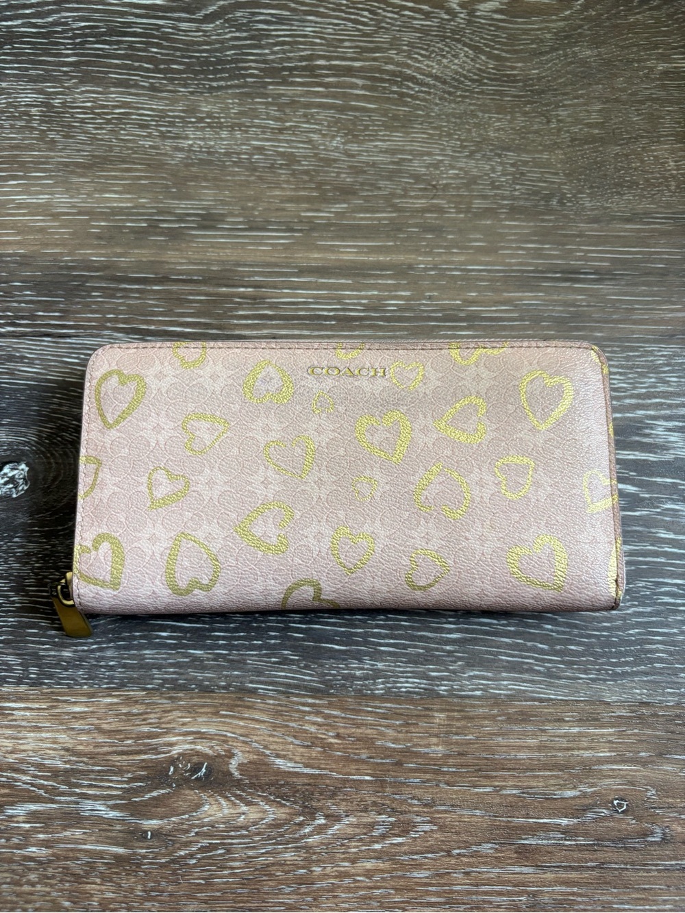 Coach Pink Wallet with Gold Heart Print
